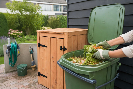 houten container ombouw naast groene stinkende kliko