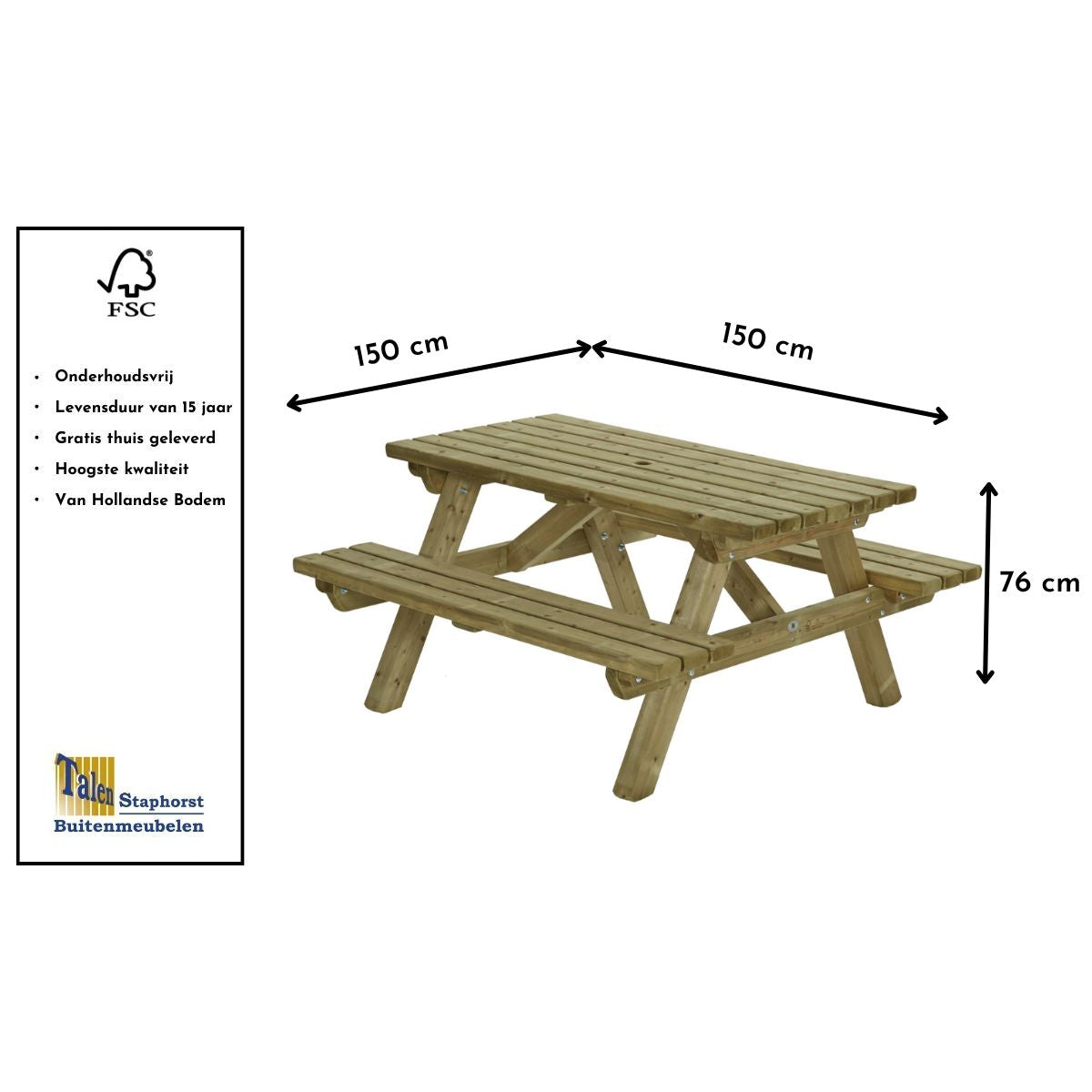 pincknick tafel voor 4 personen is erg stevig goede prijs kwaliteit en gaat 15 jaar mee met gat voor parasol maten