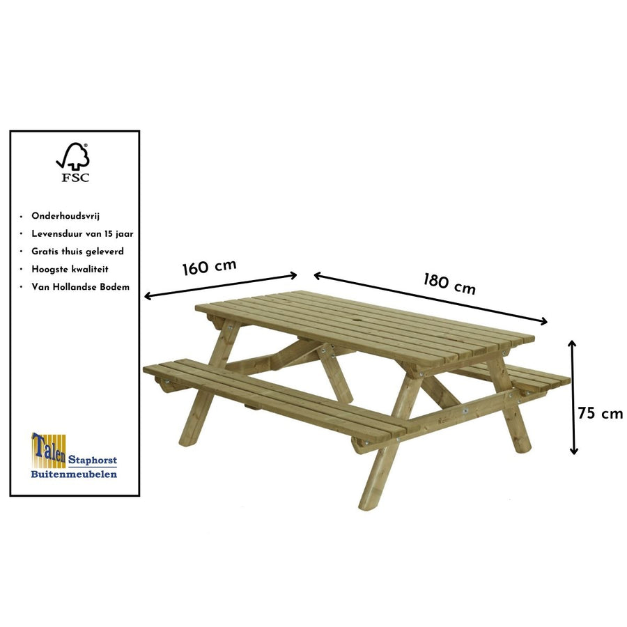 Maattekening Picknicktafel Sem 180x160cm