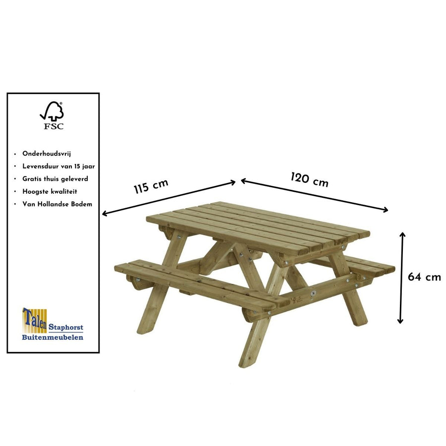 Maattekening Kinderpicknicktafel Levi 120x115cm
