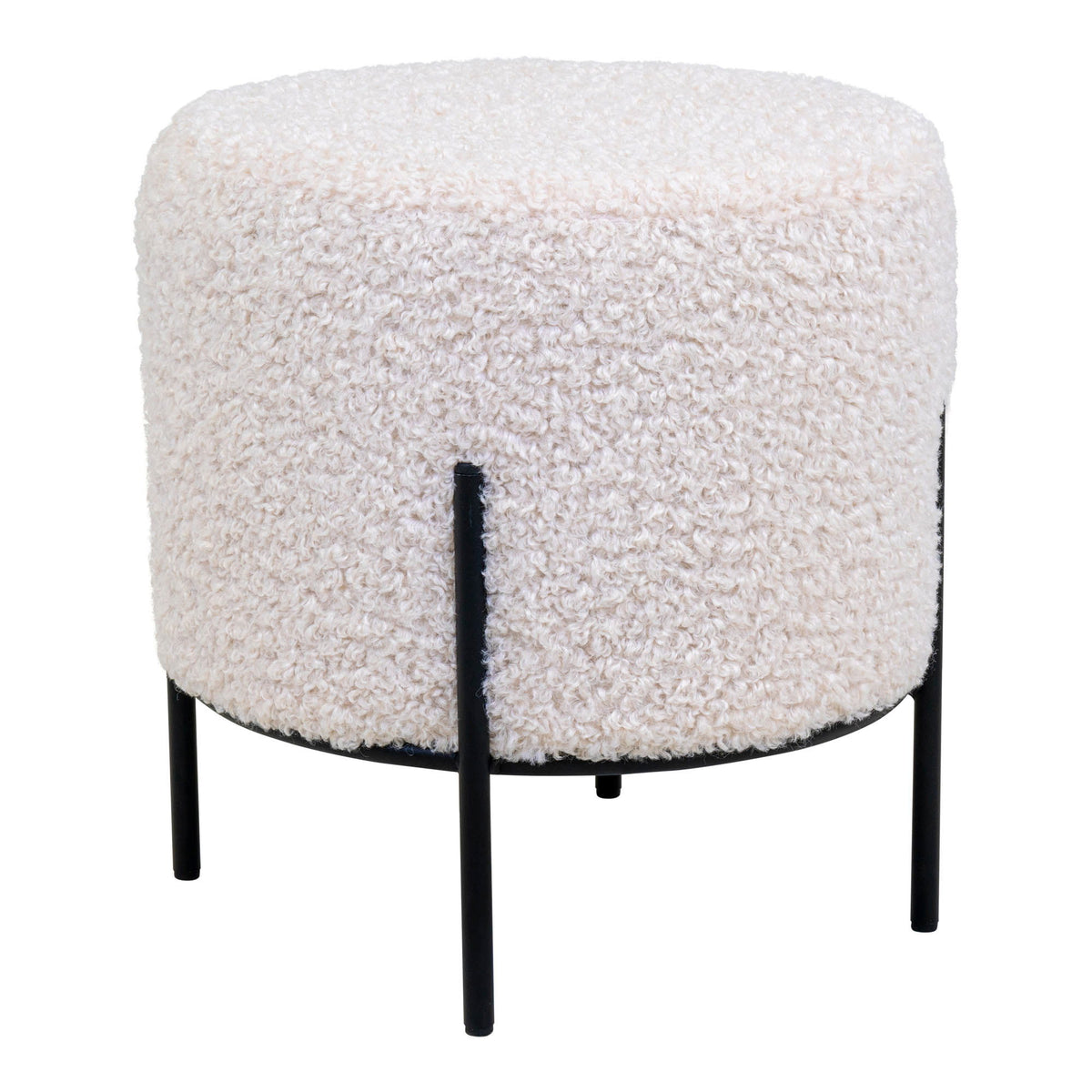 Jansen - Alford Pouf - Weißes Kunstfell - Polyester, Kiefernholz und Stahl - Ø35,5x37 cm