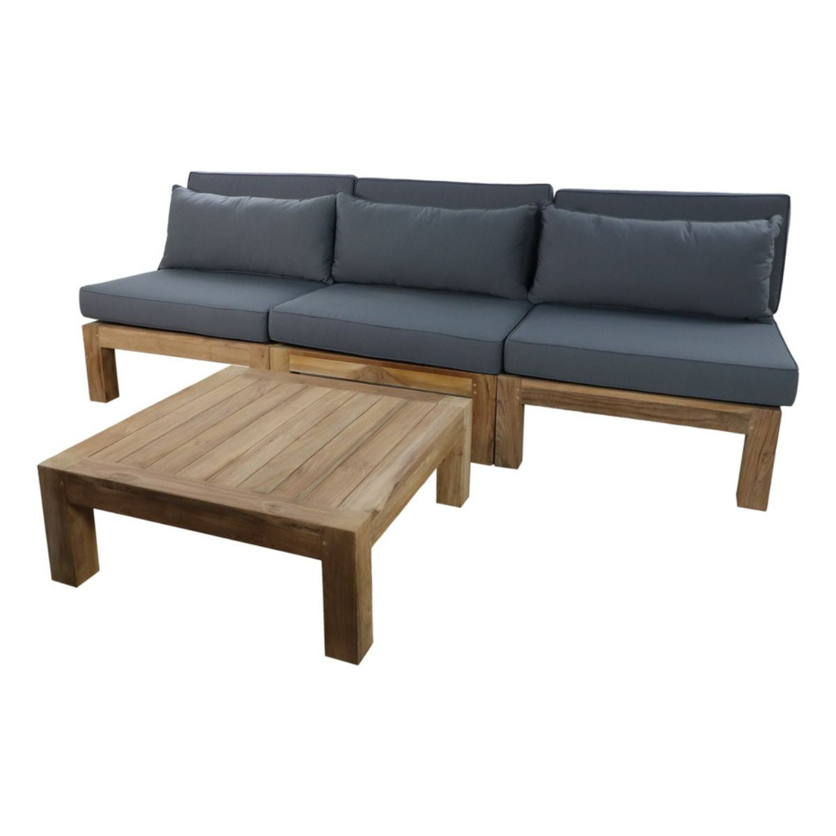 Ontspan in stijl met deze loungeset, voorzien van een teakhouten frame en comfortabele donkergrijze kussens met een eigentijdse uitstraling.