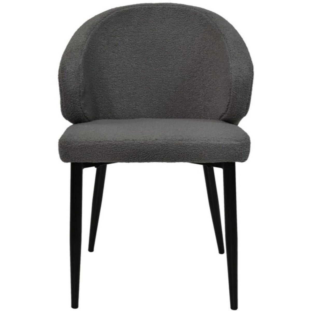 Upgrade je eetkamer met de grijze Eetkamerstoelen Yuna: stijlvol ontwerp, zachte teddy stof en duurzaam metalen onderstel.