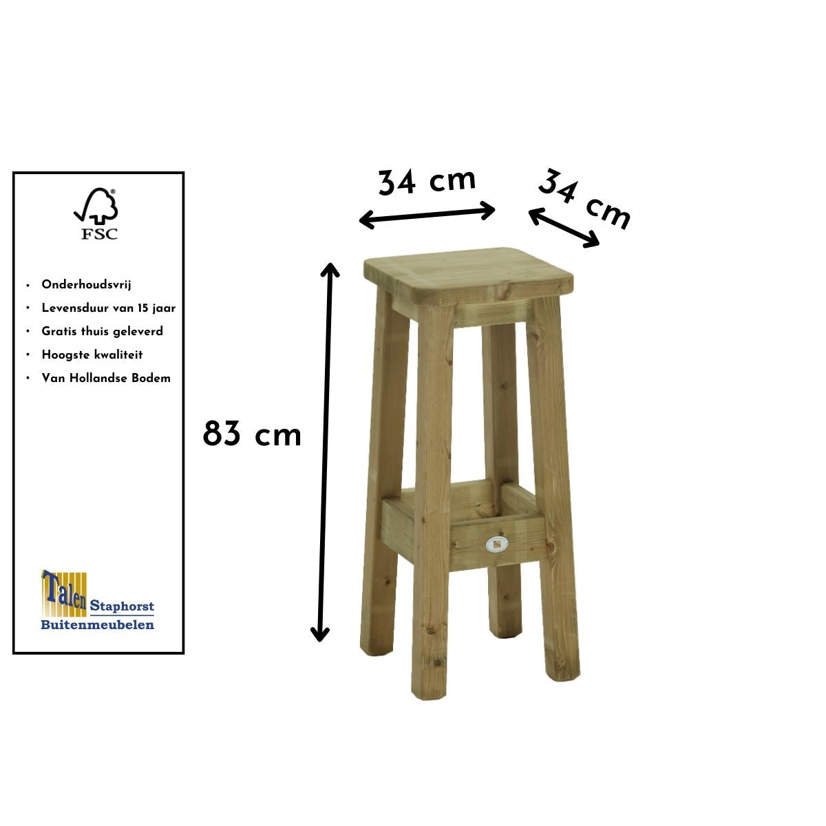 deze kruk hoge bar barkruk stevig hout gaat lang mee FSC gekeurd recyclebaar er mooi in elke tuin  maten altijd leuke sfeer 