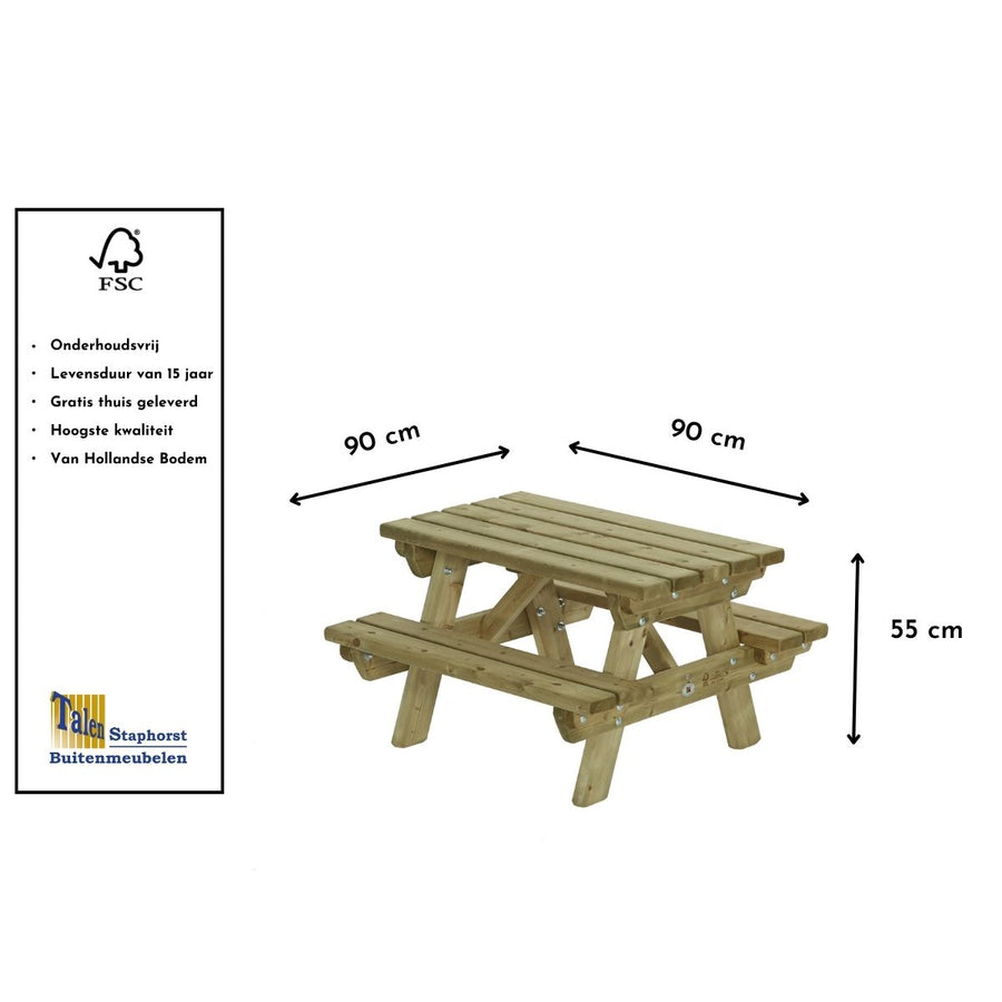 Maattekening Kinderpicknicktafel Olivia 90x90cm