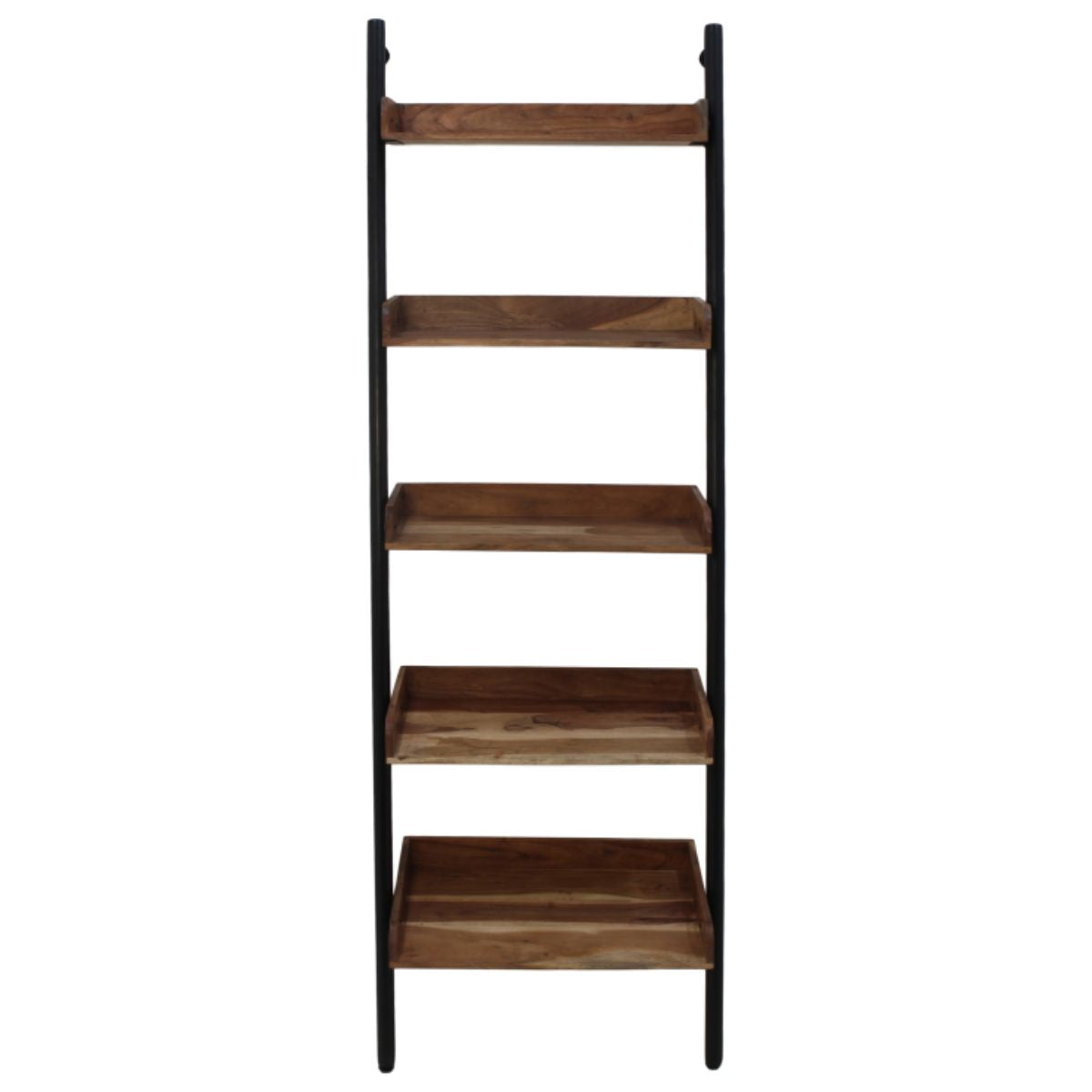 Een moderne toevoeging aan elk interieur: onze gepoedercoat zwarte decoratieve ladder van acaciahout en ijzer.