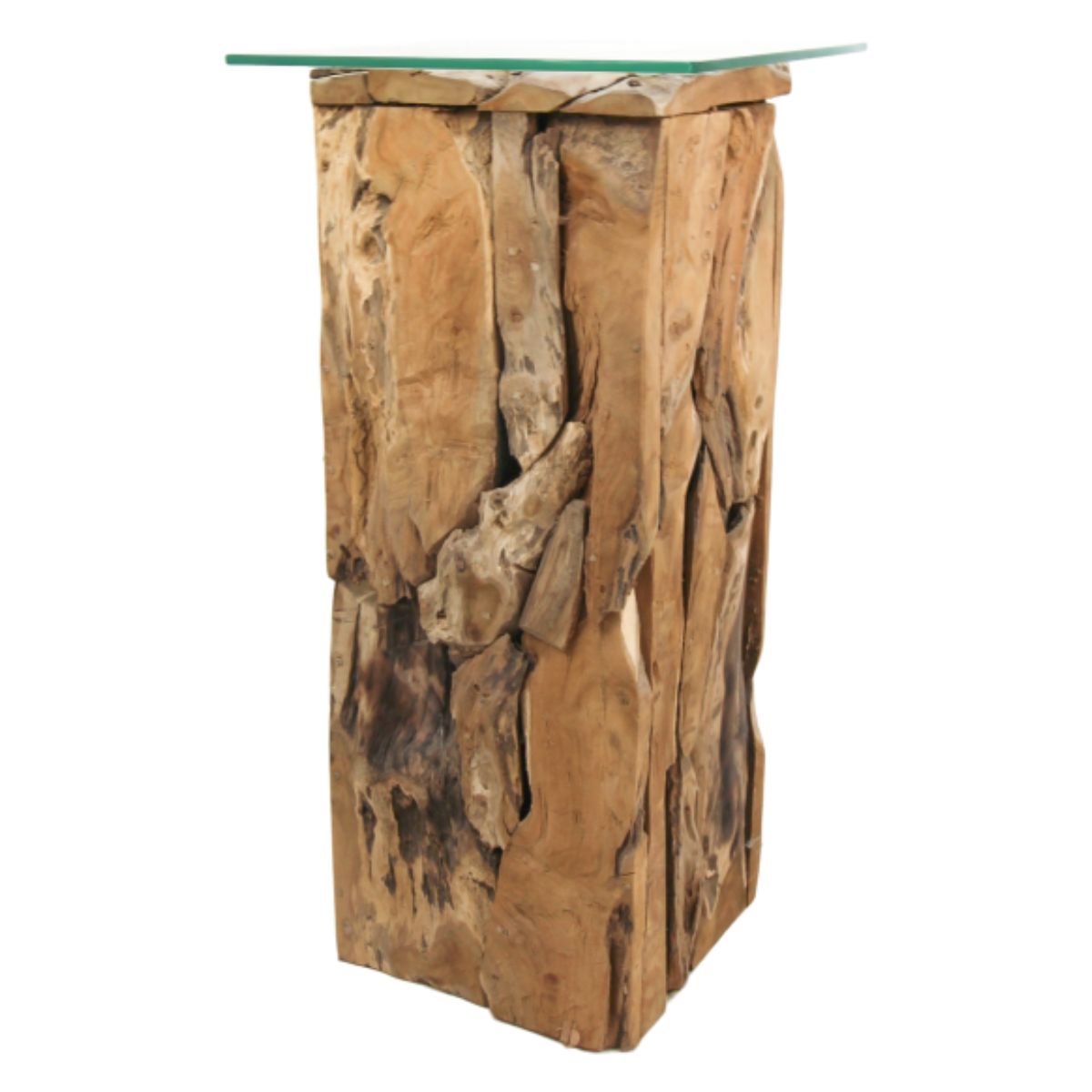 Bewonder de exclusieve Pilaar Root, vervaardigd uit uniek teakwortelhout en afgewerkt met een transparant glazen tafelblad voor een moderne touch.