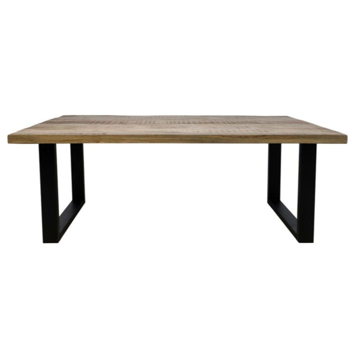 Stoere en stijlvolle eettafel met een 5 cm dik, ruw geschraapt tafelblad, gemaakt van warm mangohout met unieke vlamtekeningen.