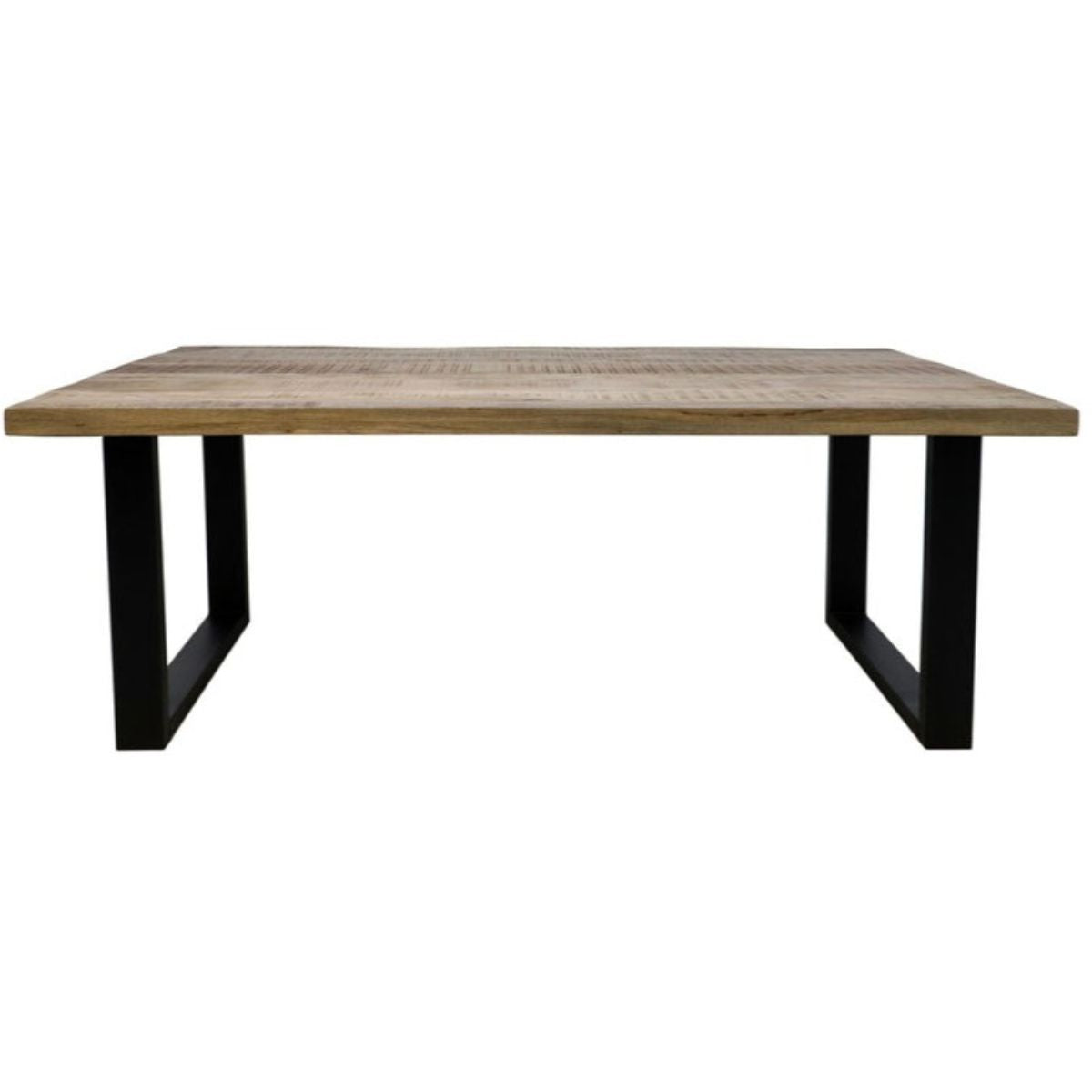 Ervaar het stoere karakter van de Melbourne eettafel met een tafelblad van 5 cm dik mangohout, voorzien van warme vlamtekeningen en een ruwe afwerking, ideaal voor een natuurlijke en robuuste uitstraling.