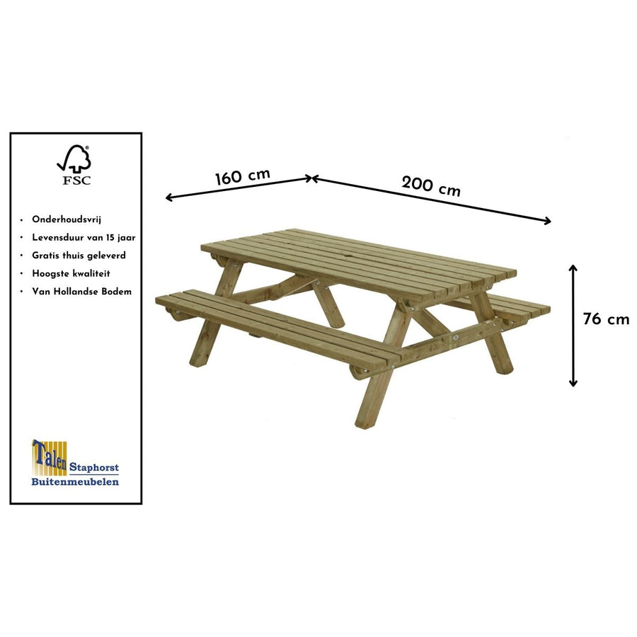 Maattekening Picknicktafel Lisa 200x160cm
