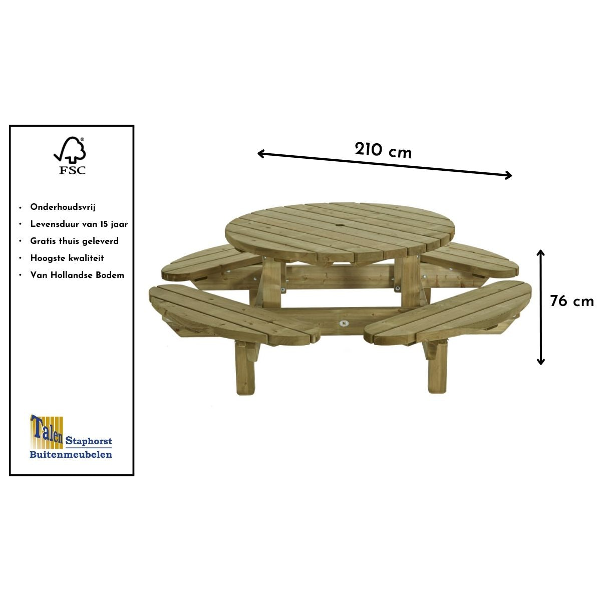 picknick tafel rond mooi voor in de tuin maten groot kunnen veel mensen aan zitten 
