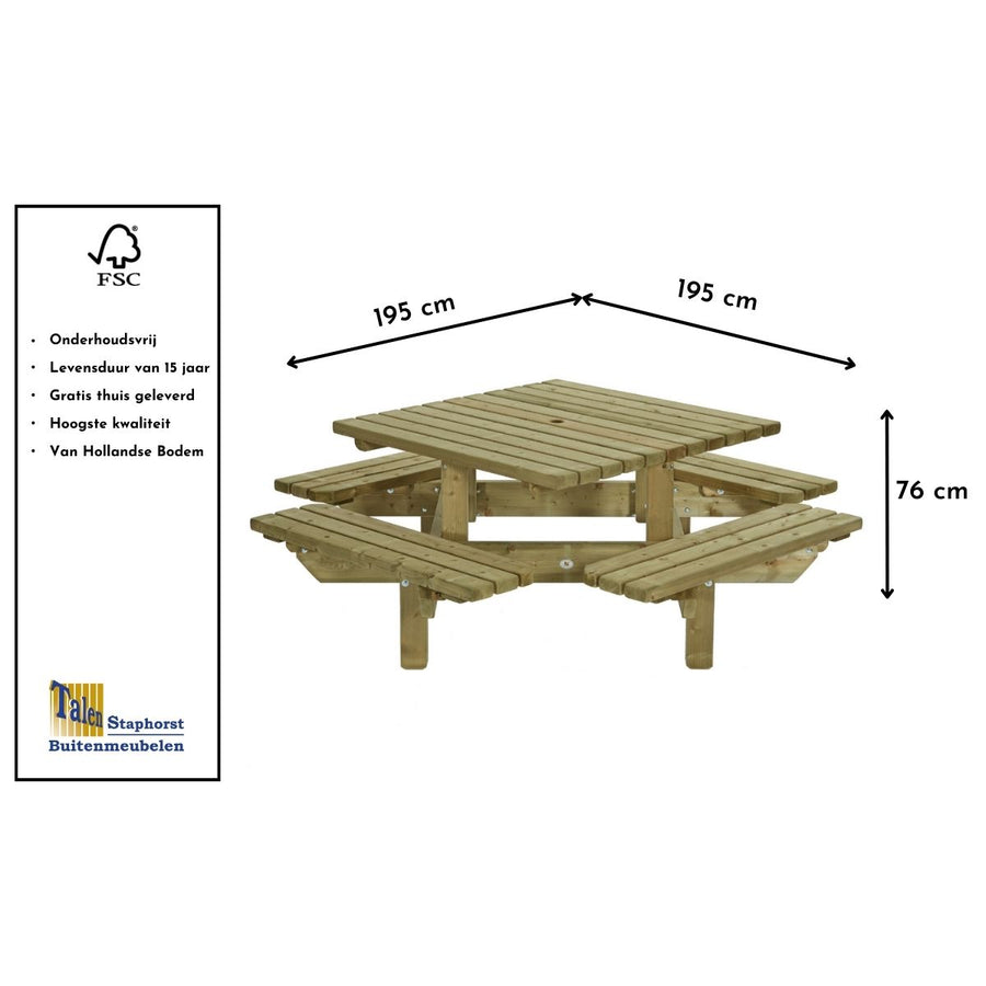 Maattekening Picknicktafel Sophie 195x195cm