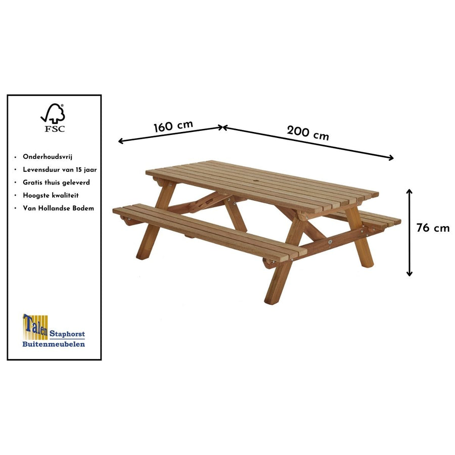 Maattekening Picknicktafel Eva 200x160cm hardhout