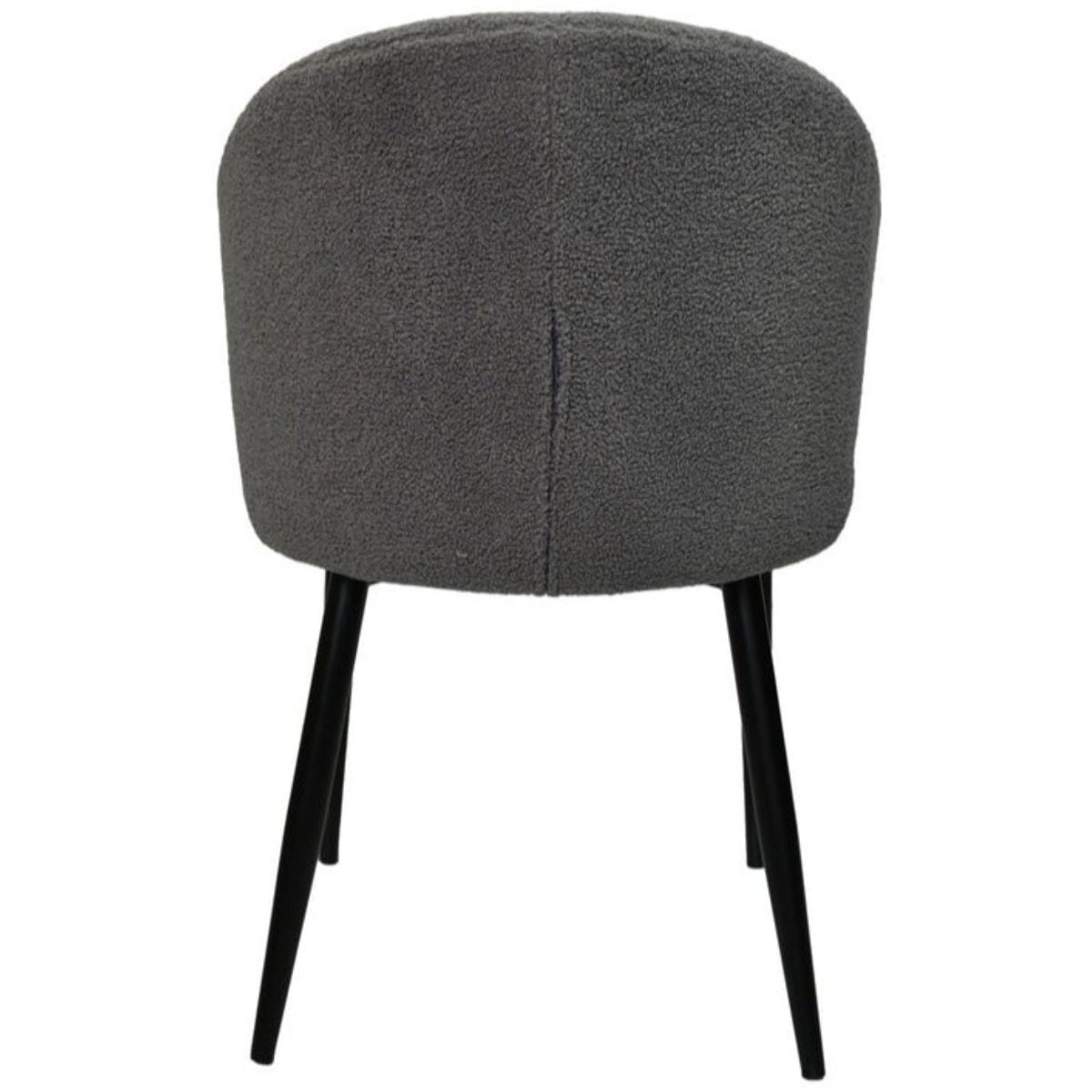 Creëer een gezellige eetruimte met de Yuna Eetkamerstoelen. Grijze teddy stof en een stevig metalen onderstel voor ultiem comfort.