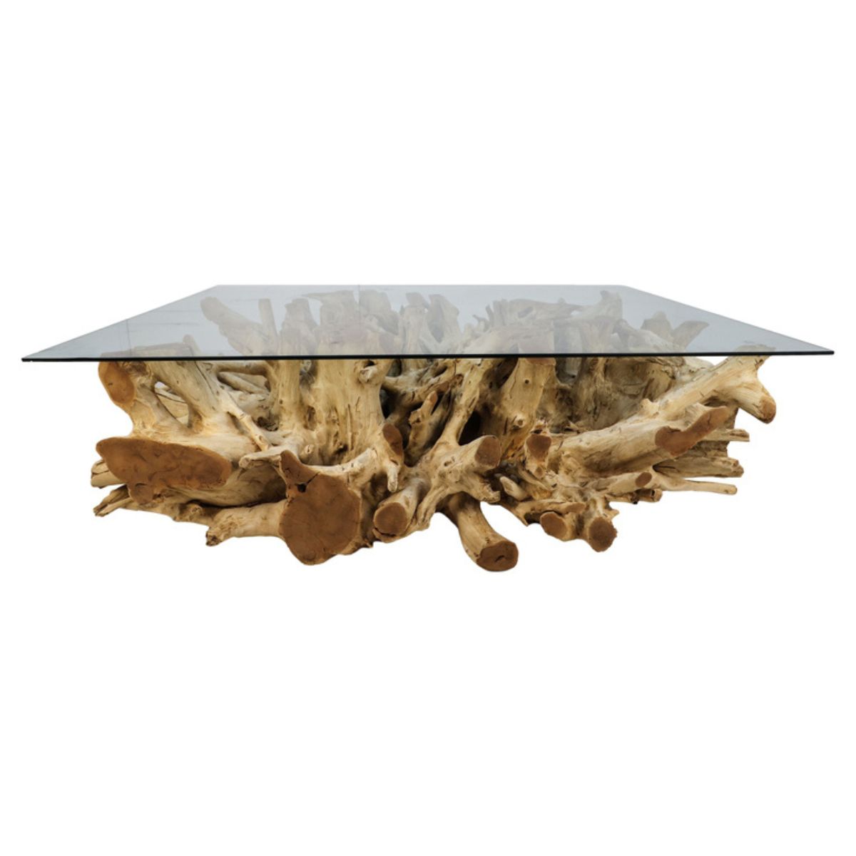 Natuurlijke schoonheid en modern design komen samen in deze Teak Wortelhouten Salontafel met Two Tone kleur en glazen blad.
