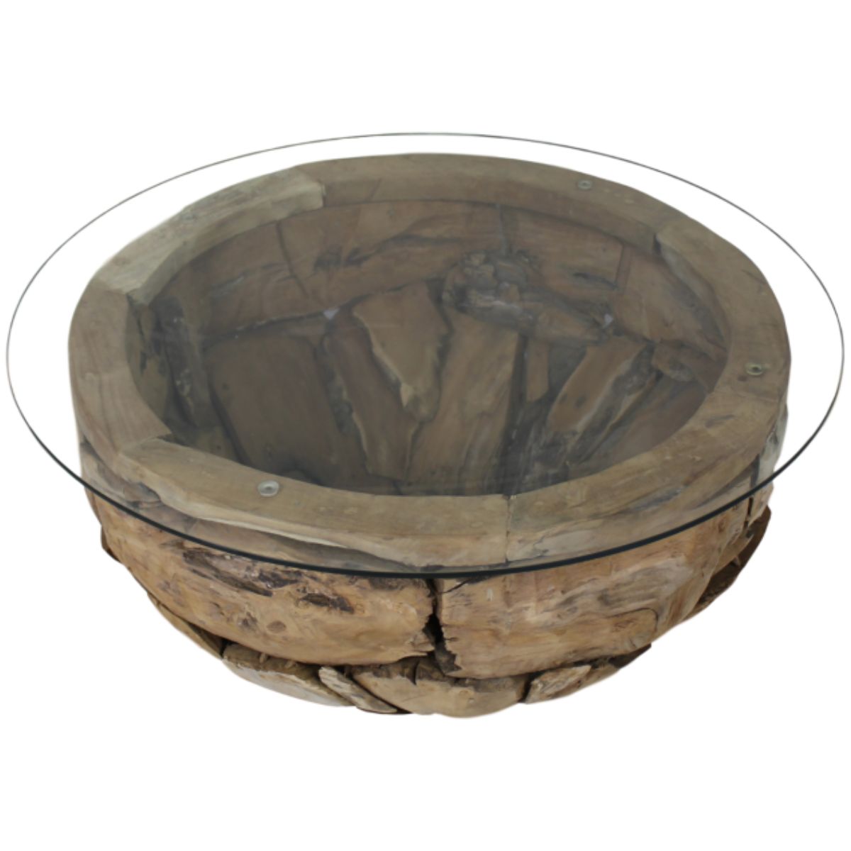 Natuurlijke schoonheid voor je woonkamer met de Salontafel Root: glazen tafelblad en teak wortelhout.