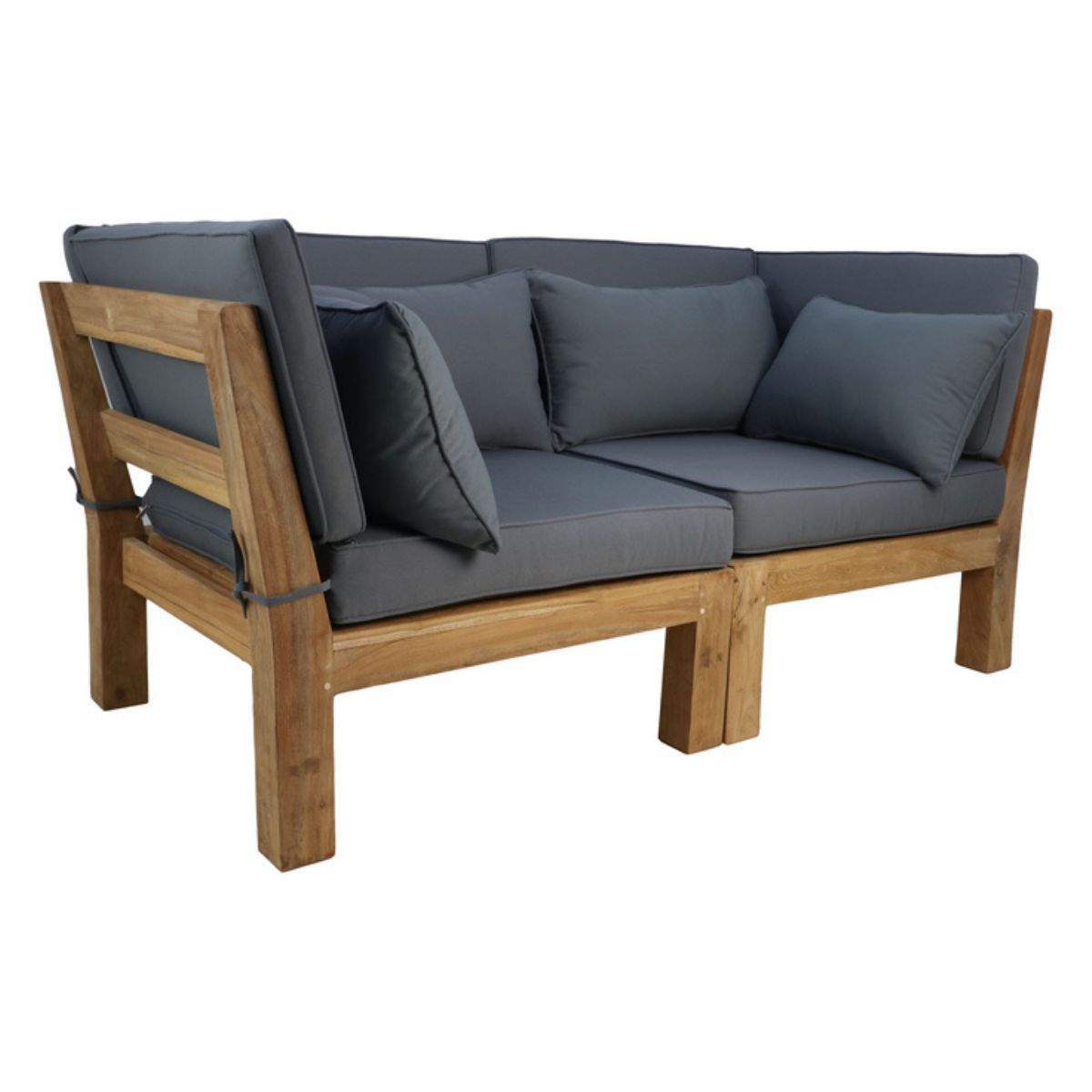 Ervaar het samenspel van elegant design en ultiem comfort met de 2-delige modulaire tuin loungeset Aruba, compleet met een warm houten frame en diep grijze kussens.