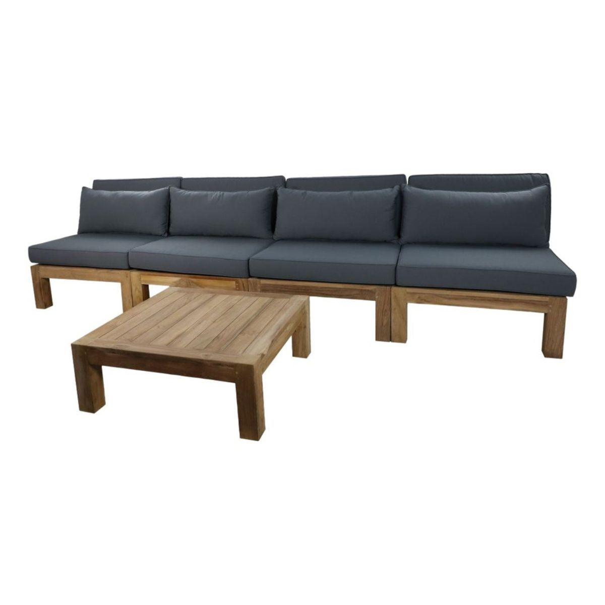 5-delige modulaire tuin loungeset Aruba met teakhouten frame en donkergrijze kussens.