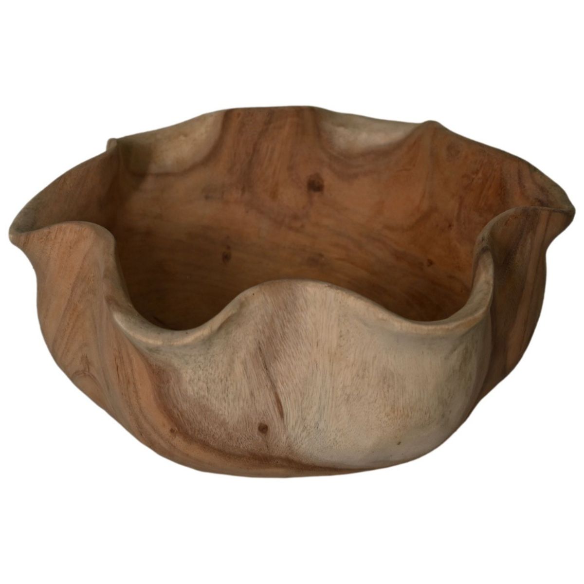 Ronde schaal van munggur hout met unieke natuurlijke details - perfecte toevoeging aan je interieur.