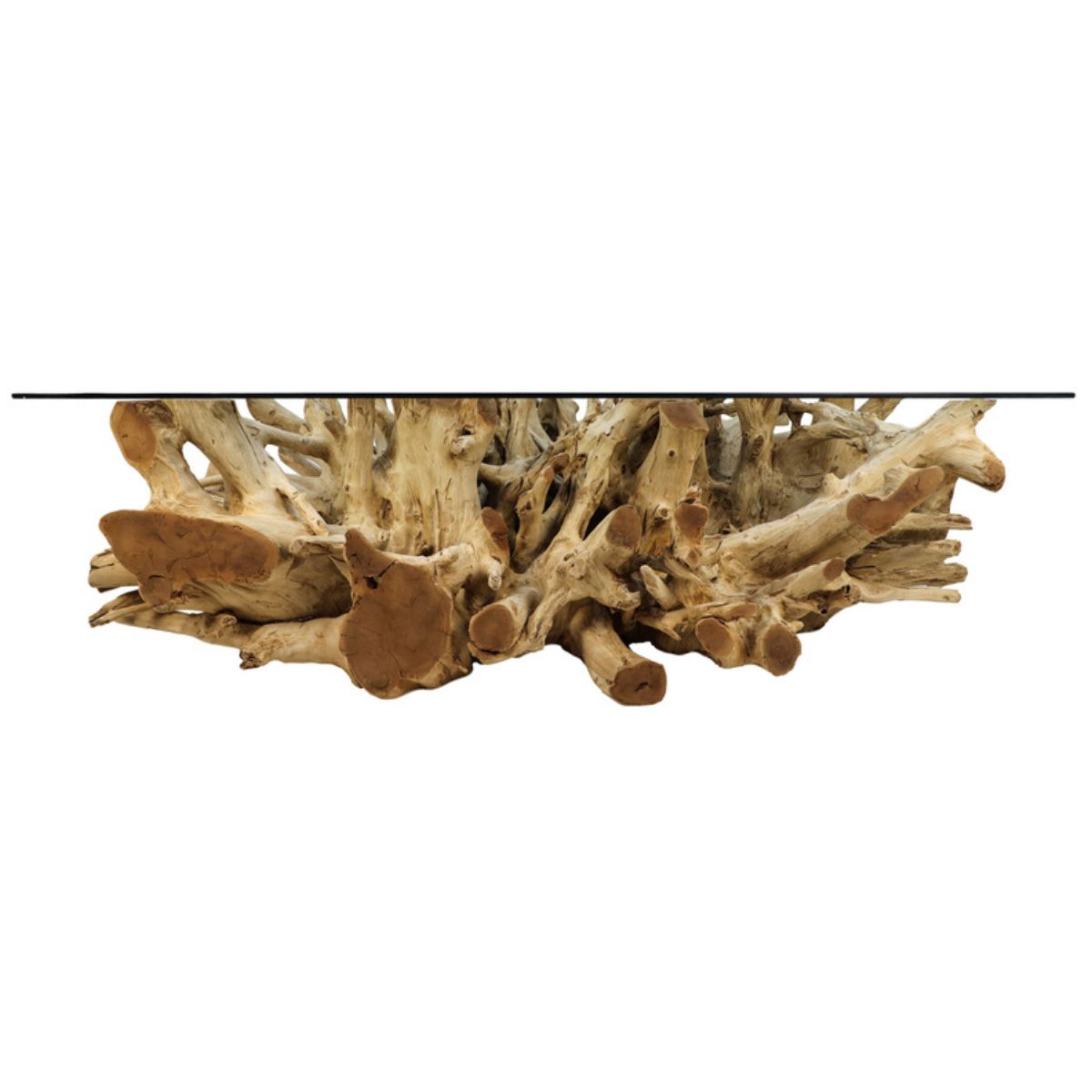 Voeg een vleugje rustieke charme toe aan je woonkamer met deze stijlvolle en praktische salontafel van Teak Wortelhout en Glas.