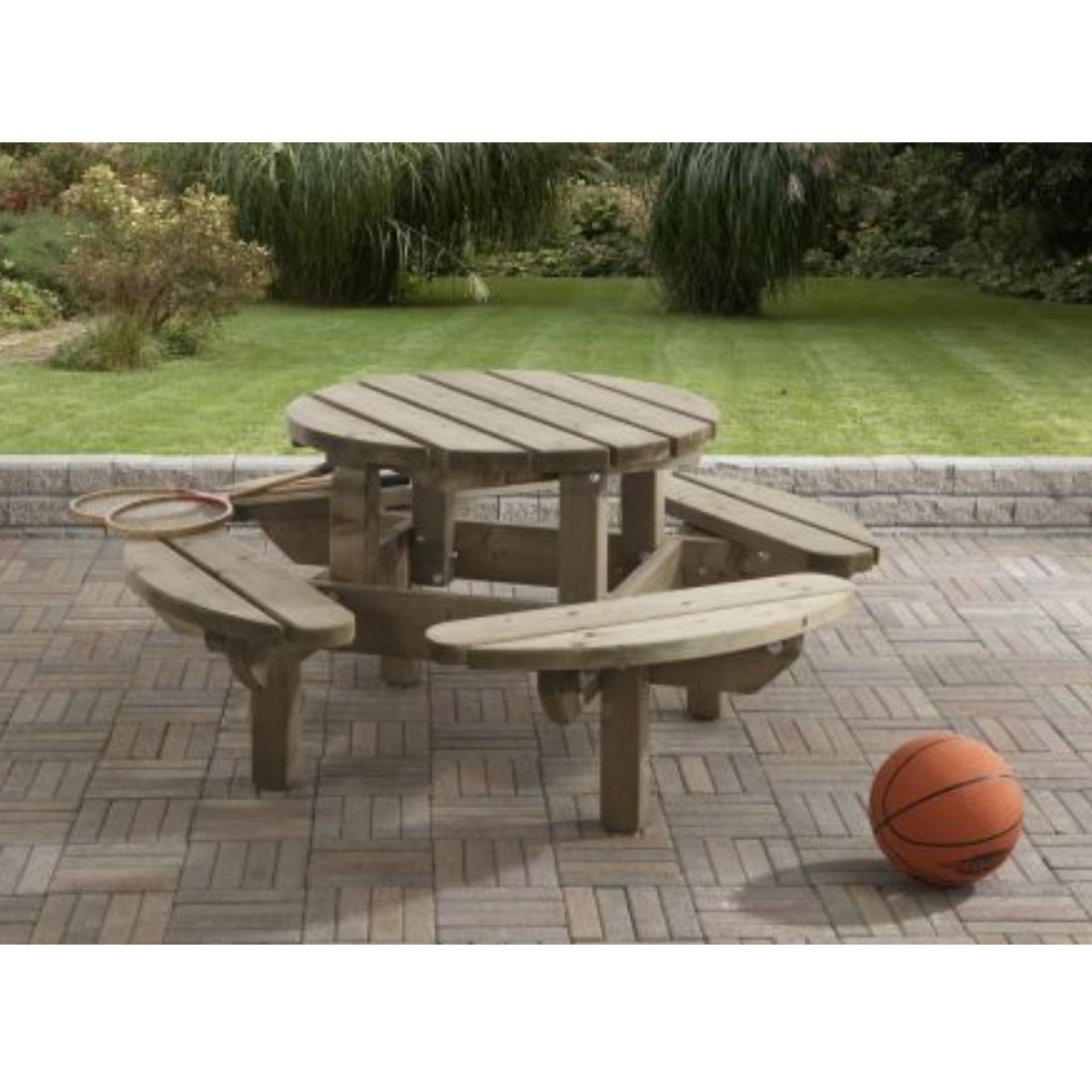 picknick tafel rond voor kinderen in de tuin van hout  mooi en elke tuin gaat 15 jaar mee 