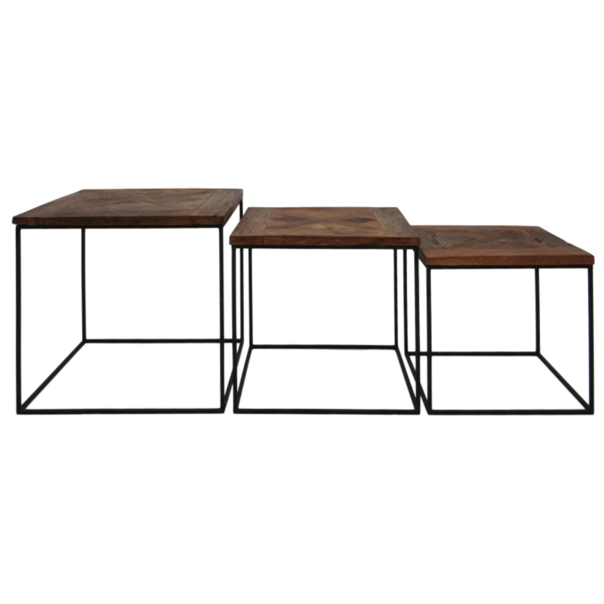 Multifunctionele salontafelset met eigentijds mangohout en ijzeren design.
