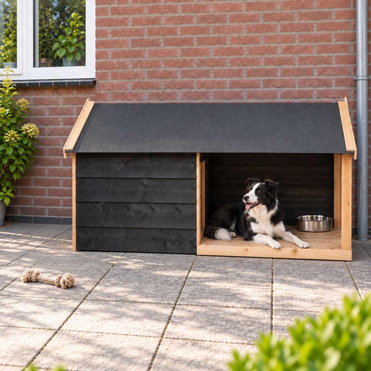 Bordercollie ontspannen in douglas houten hondenhok