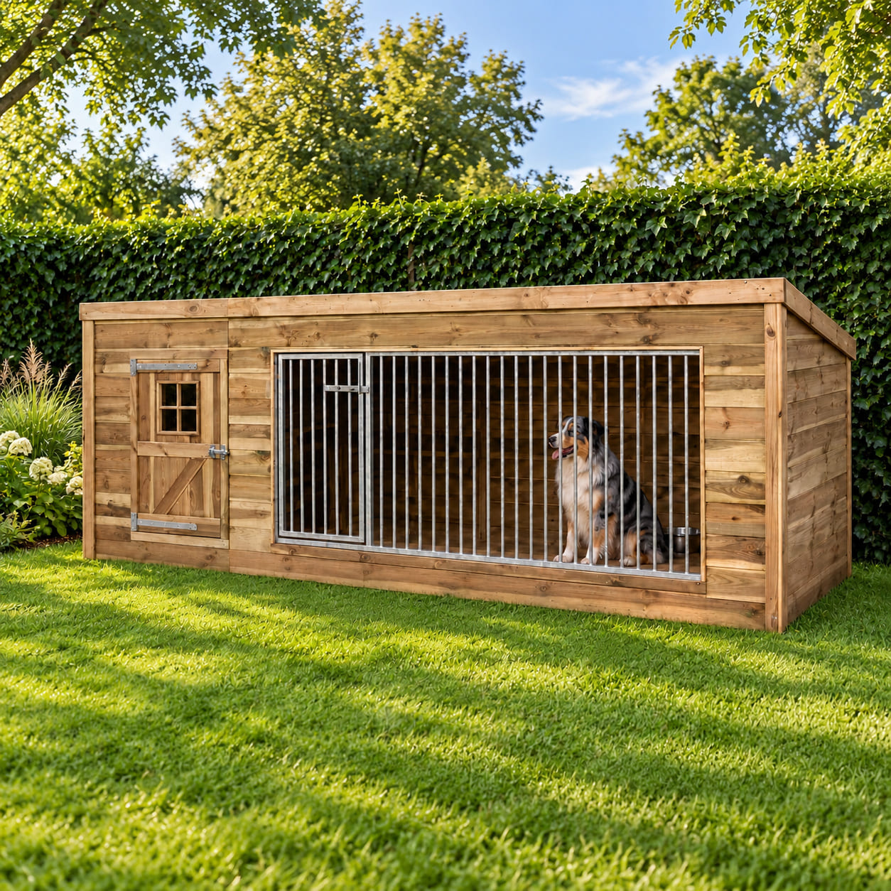 hondenkennel van geimpregneerd hout en deur met australian sheppard erin