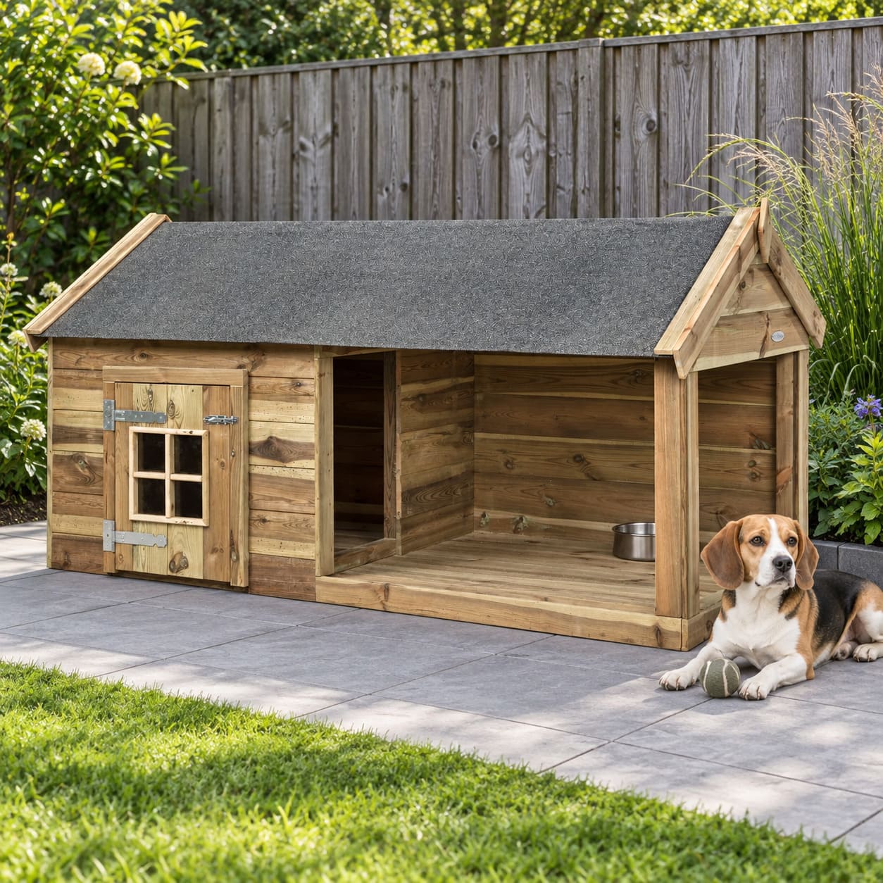 houten honden met beagle in tuin
