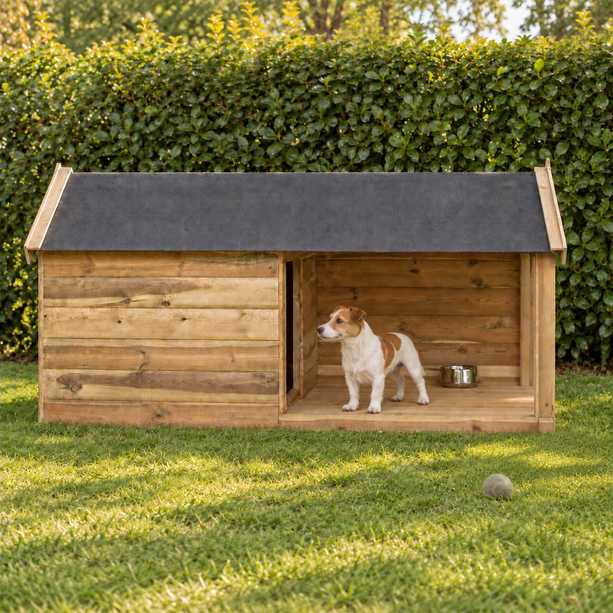 houten hondenhok met veranda in tuin met jack russel die in het hok staat