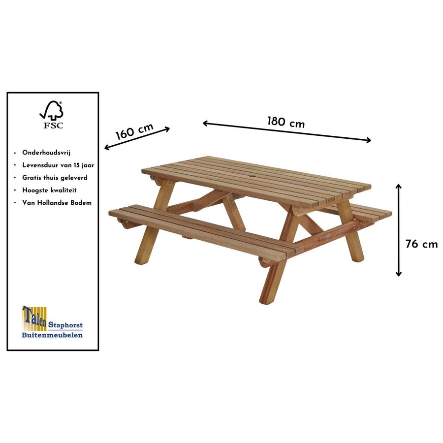 Maattekening Picknicktafel Finn 180x160cm hardhout