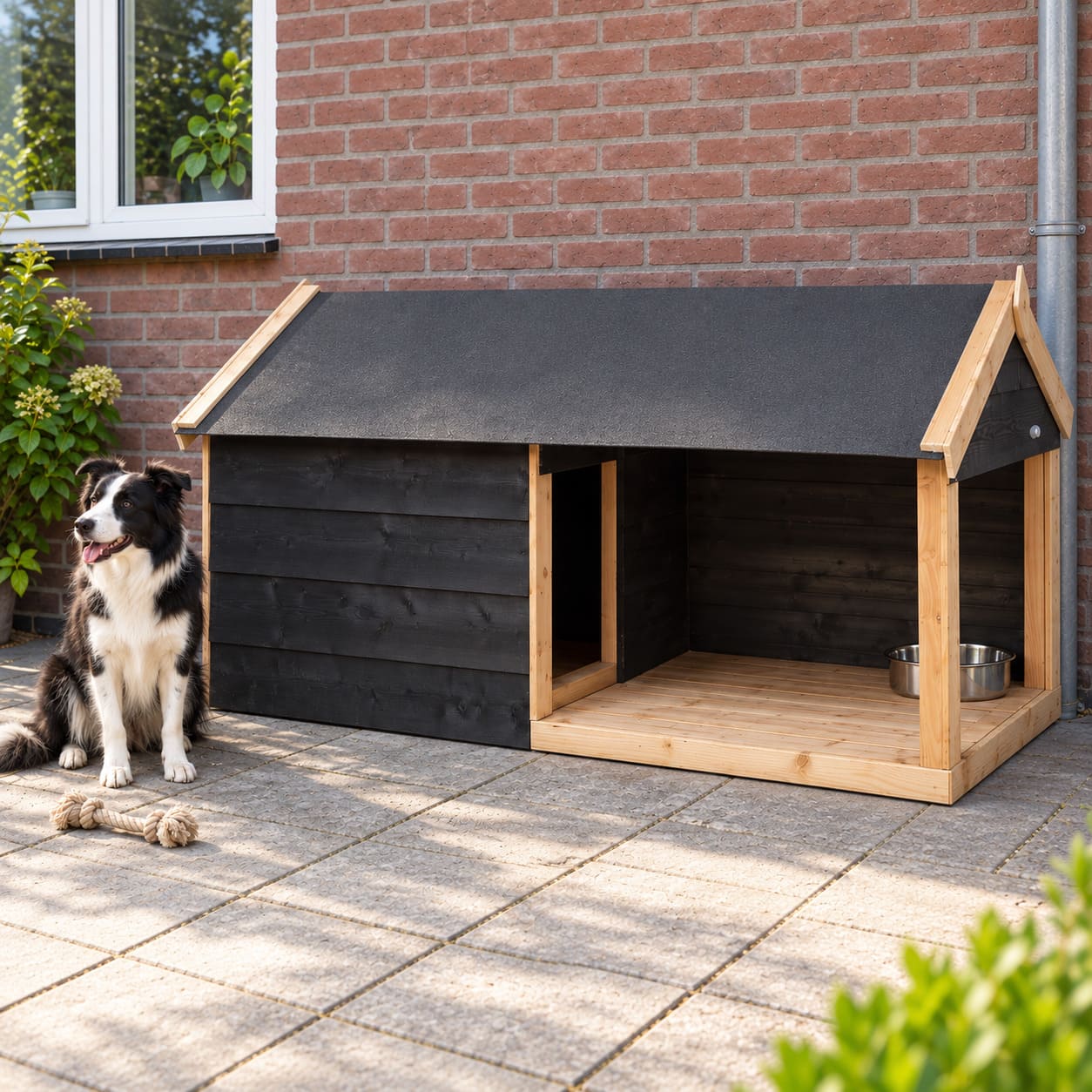Ruim hondenhok van douglas hout naast bordercollie