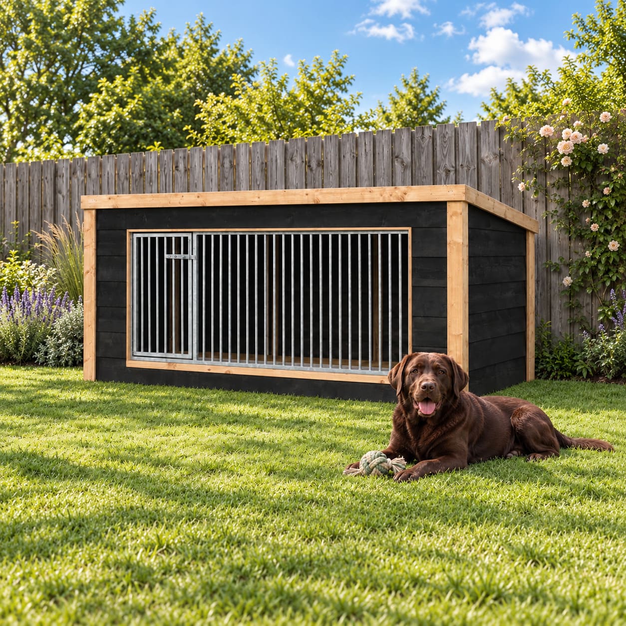 Zwarte-hondenkennel van douglas hout-met-relaxte-labrador