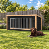 Zwarte-hondenkennel van douglas hout-met-relaxte-labrador