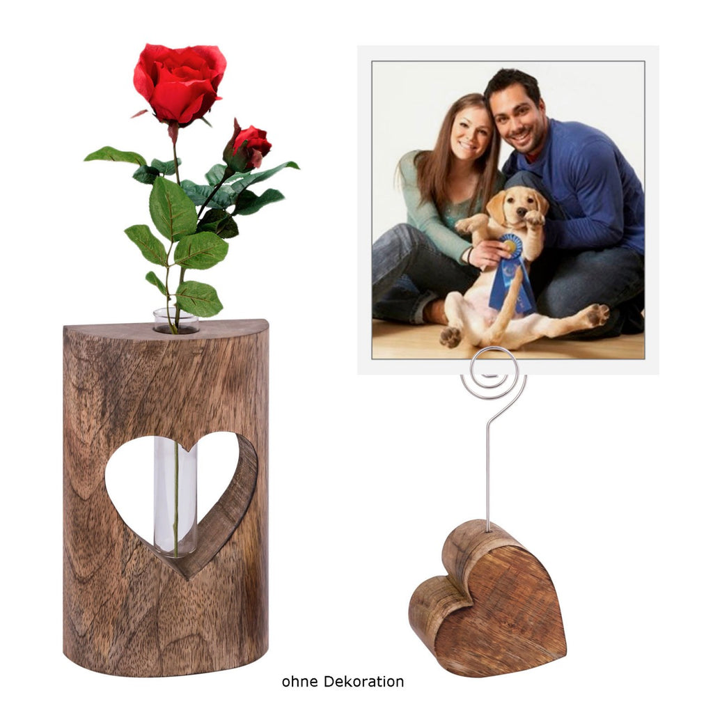 Sophie - bloemenvase en fotostandaard - natuurlijk hout - mangohout - set