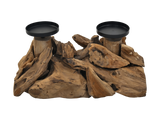Bougeoir sur pied double - 32x18x14 - Naturel/noir - Bois flotté/métal