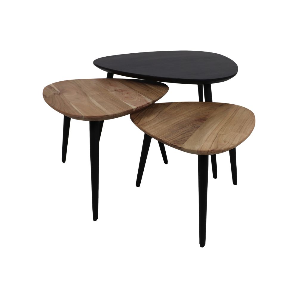 Multifunctionele salontafelset met eigentijds design van acaciahout en ijzer.