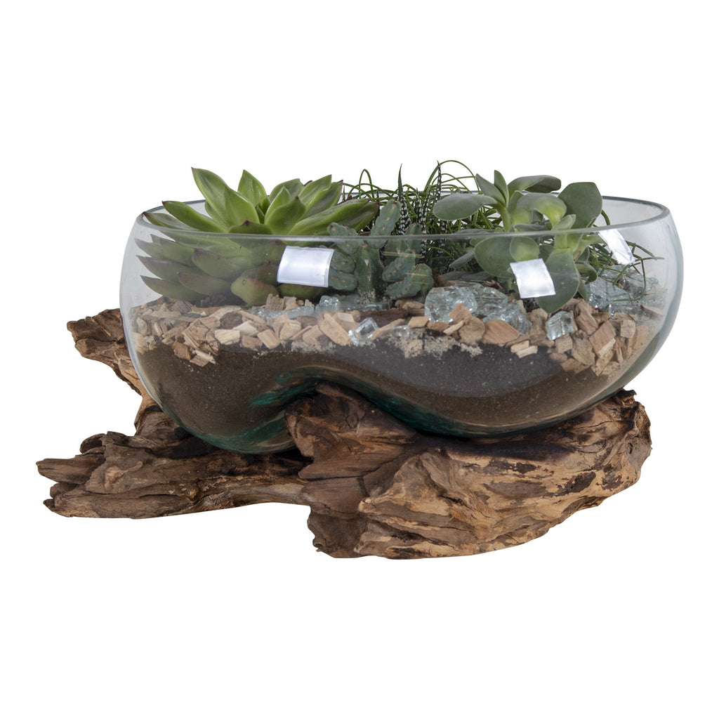 Robert - waterdruppel decoratie - natuurlijk - teakhout en glas - ø26xh20 cm