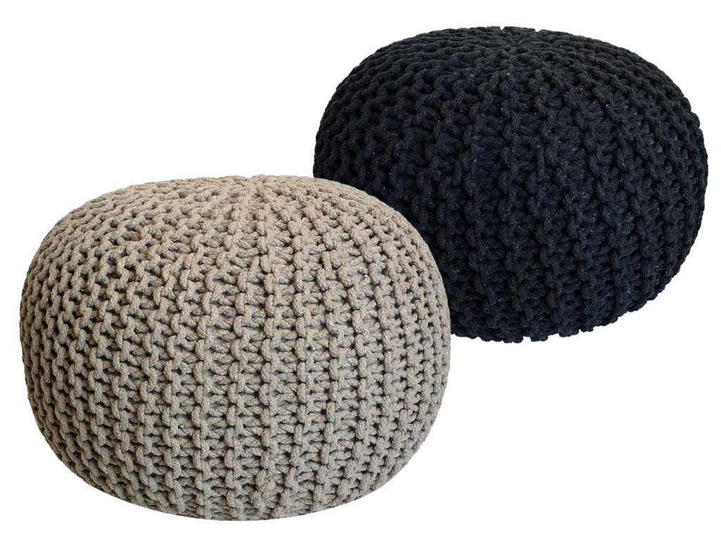 Luuk - Sitzhocker Pouf SET 2 Stück - Beige &amp; Anthrazit - Recycelte Baumwolle - Ø 55 cm H 37 cm