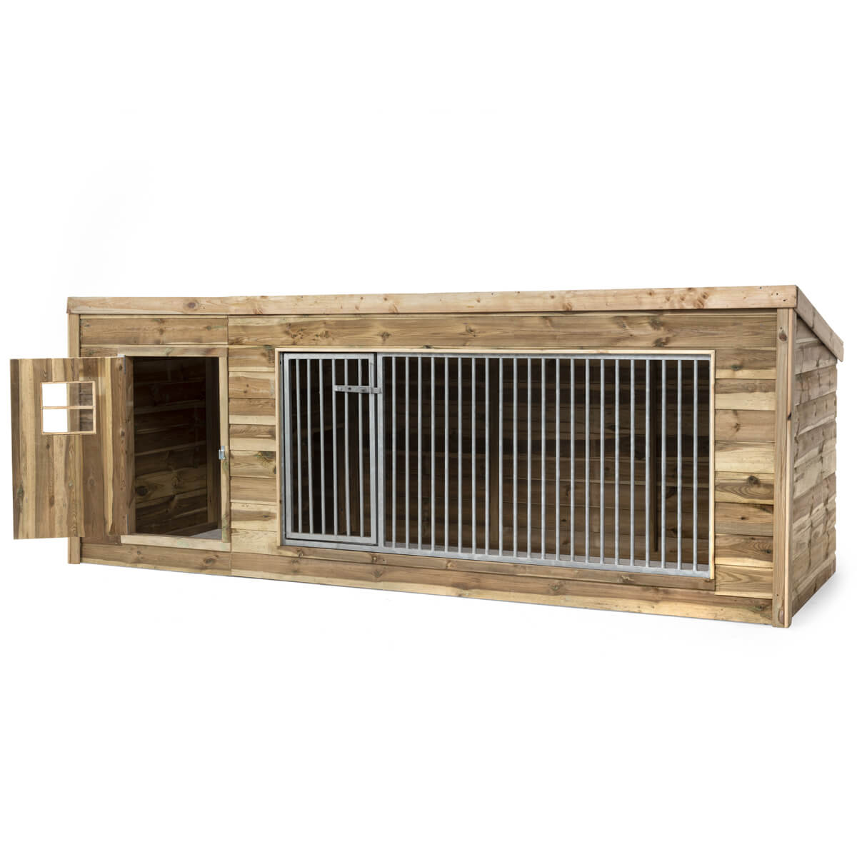 Hondenkennel Luna Voldux - hondenkennel met meerdere deurtjes waar door het hok goed toegankelijk is en het hok kan tegen weer en wind - hout in stijl